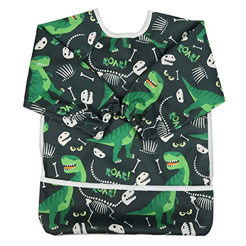 Sigzagor Baby Bib Long Sleeved Shirt With Pocket 1-3 years old Toddler For Boys (Green Dinosaurs) - Image 1