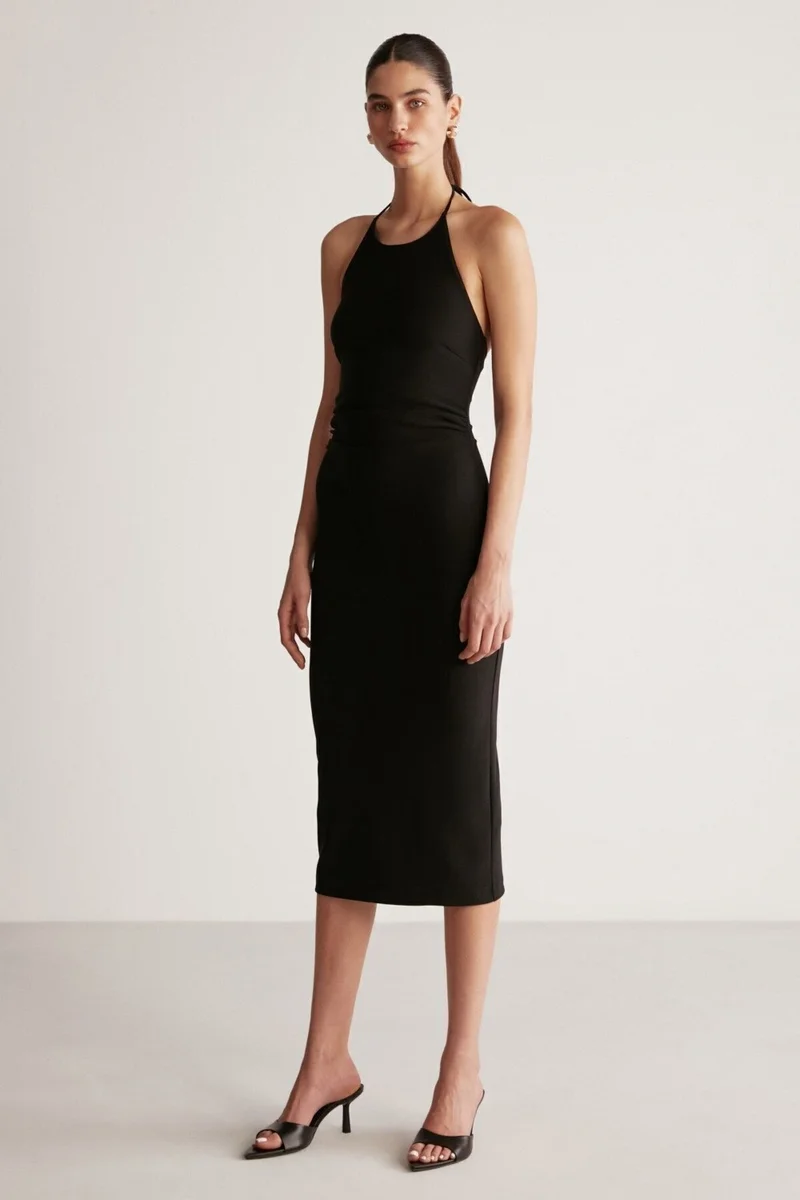 جريميلانج Andie Women's Halter Neck Bodycon Crepe Knit Fabric Maxi Black Dress