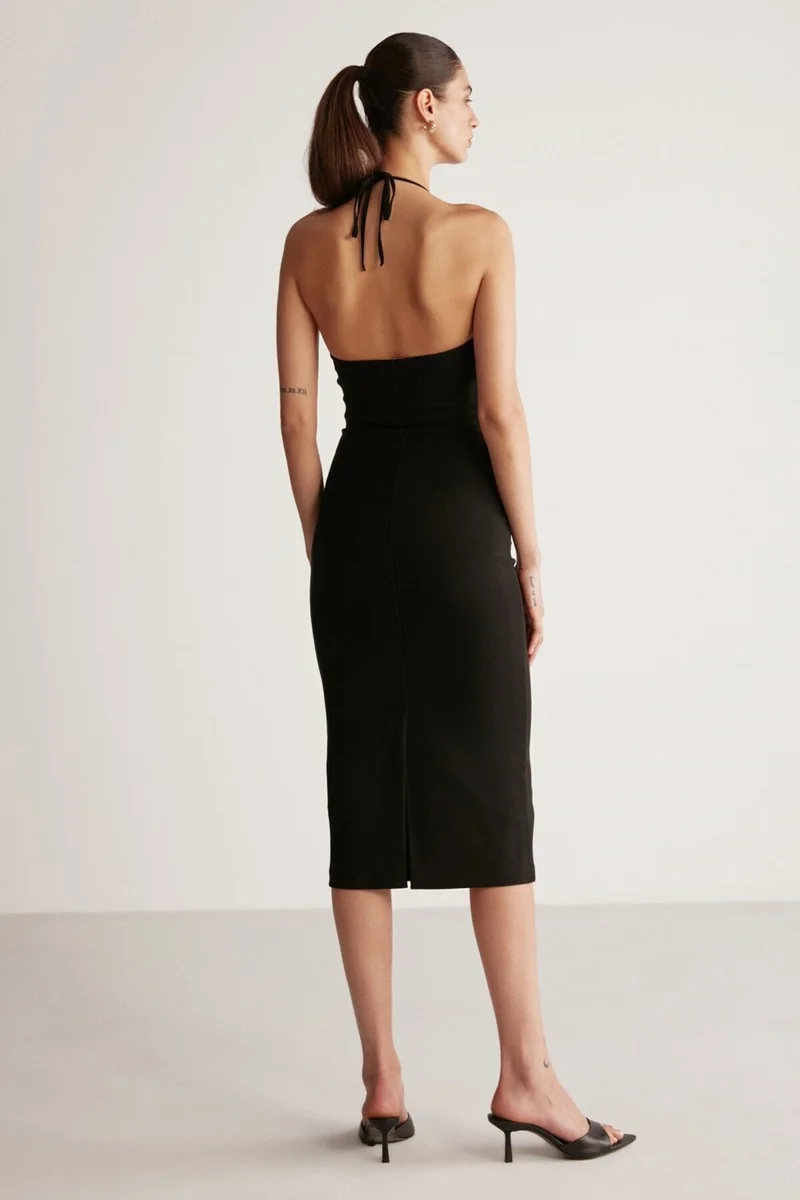 جريميلانج Andie Women's Halter Neck Bodycon Crepe Knit Fabric Maxi Black Dress