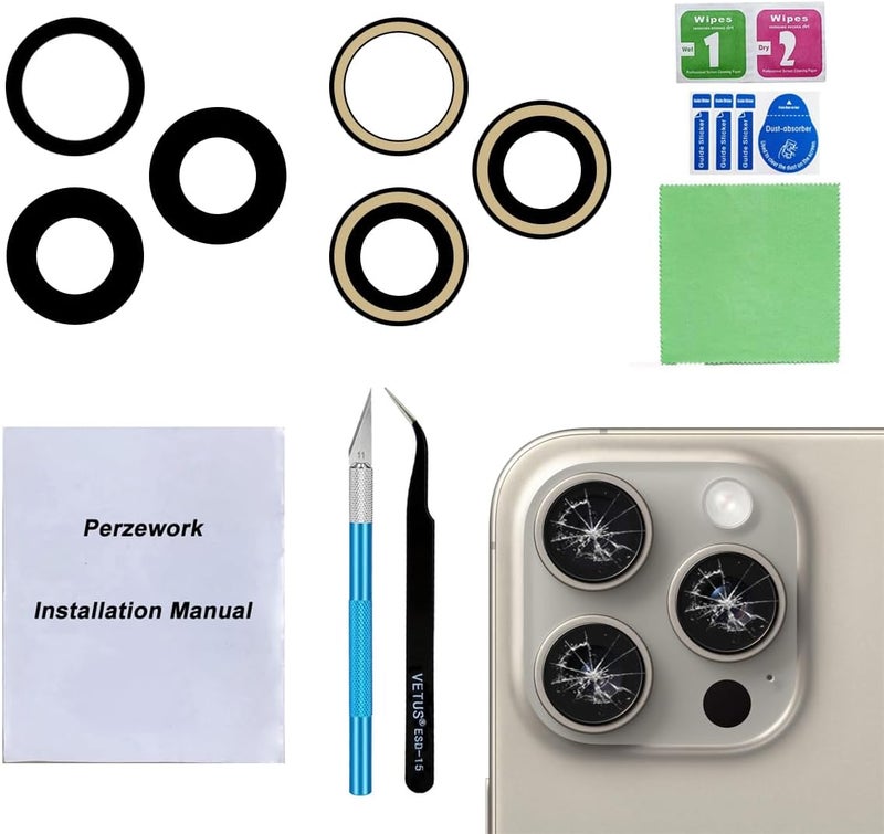 Perzework زجاج عدسة الكاميرا الخلفية البديل OEM لجهاز iPhone 15 Pro Max 6.7 بوصة مع لاصق مثبت مسبقًا وأدوات إصلاح - Image 1