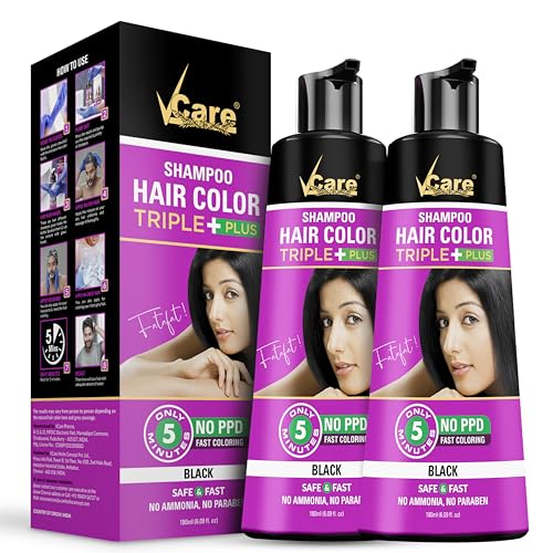 VCare Triple Plus Hair Colour Shampoo 180ml for Women and Men (Pack of 2 Black) - Image 1