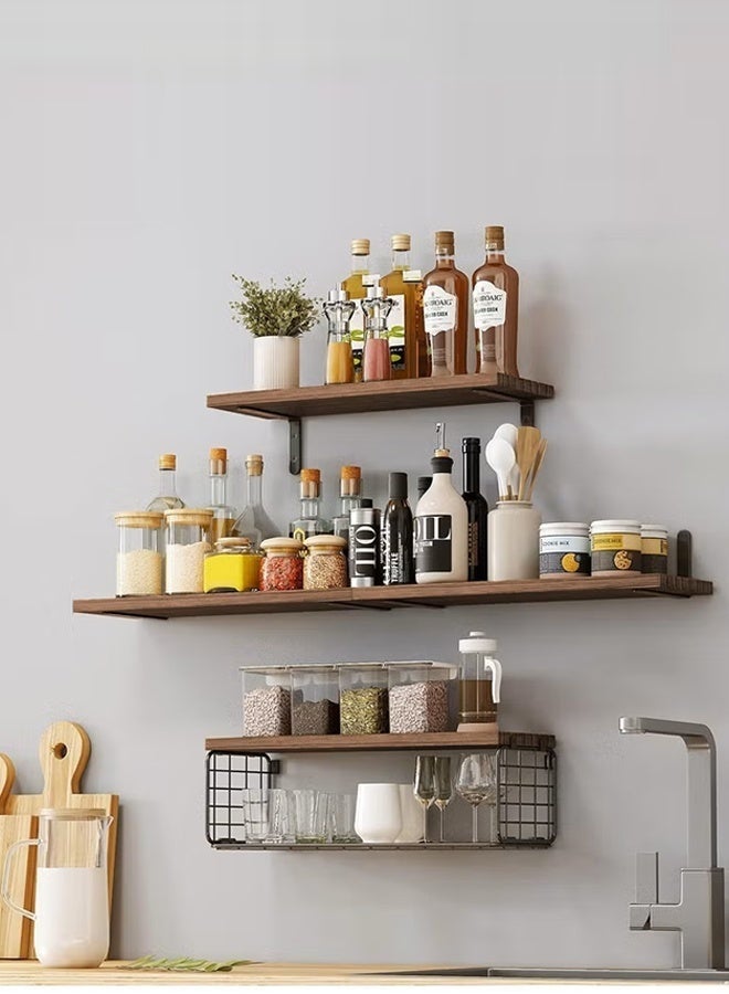 Exquisite 4 Pcs Brown Floating Wall Shelves, Rustic Wood & Metal Wall-Mounted Storage Racks with Mesh Guard, Multi-Layer Design, Large & Deep Shelves for Bedroom, Bathroom, Kitchen, Living Room, Laundry & Closet Décor - Image 2