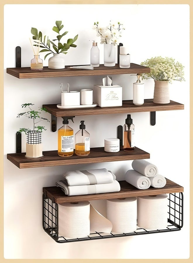 Exquisite 4 Pcs Brown Floating Wall Shelves, Rustic Wood & Metal Wall-Mounted Storage Racks with Mesh Guard, Multi-Layer Design, Large & Deep Shelves for Bedroom, Bathroom, Kitchen, Living Room, Laundry & Closet Décor - Image 1