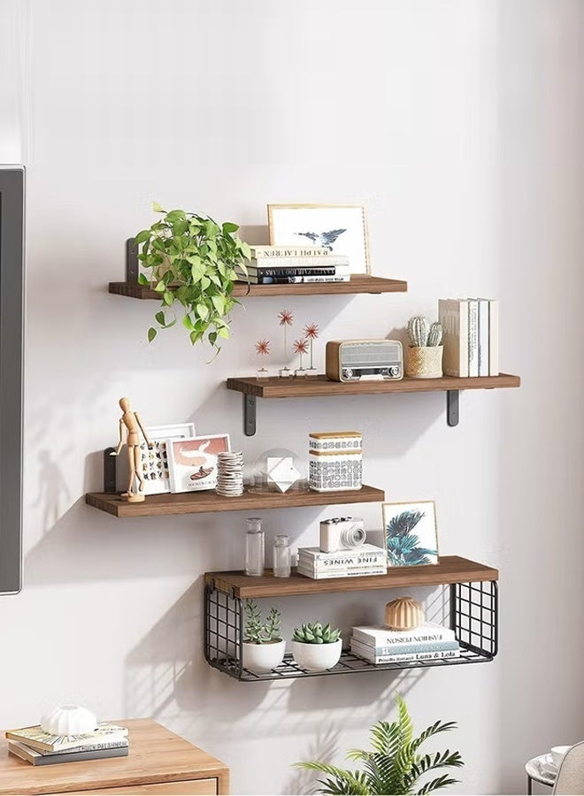 Exquisite 4 Pcs Brown Floating Wall Shelves, Rustic Wood & Metal Wall-Mounted Storage Racks with Mesh Guard, Multi-Layer Design, Large & Deep Shelves for Bedroom, Bathroom, Kitchen, Living Room, Laundry & Closet Décor - Image 3