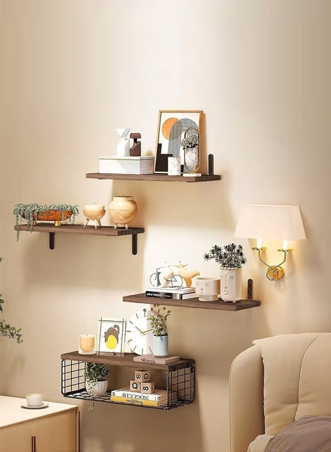 Exquisite 4 Pcs Brown Floating Wall Shelves, Rustic Wood & Metal Wall-Mounted Storage Racks with Mesh Guard, Multi-Layer Design, Large & Deep Shelves for Bedroom, Bathroom, Kitchen, Living Room, Laundry & Closet Décor - Image 4