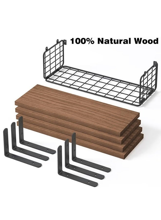 Exquisite 4 Pcs Brown Floating Wall Shelves, Rustic Wood & Metal Wall-Mounted Storage Racks with Mesh Guard, Multi-Layer Design, Large & Deep Shelves for Bedroom, Bathroom, Kitchen, Living Room, Laundry & Closet Décor - Image 5