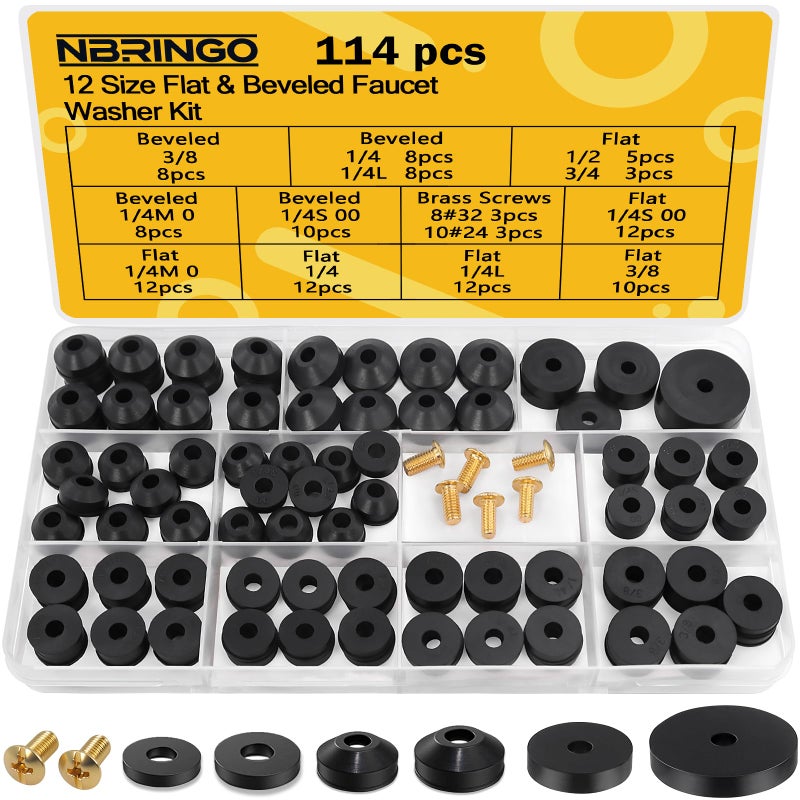 NBRINGO 114-Piece 12 Sizes Faucet Washer Assortment Kit - Flat & Beveled Rubber Washers & Brass Bibb Screws for Outdoor Spigot, Hose Bib, Garden Valve Repair Replacement - Image 1