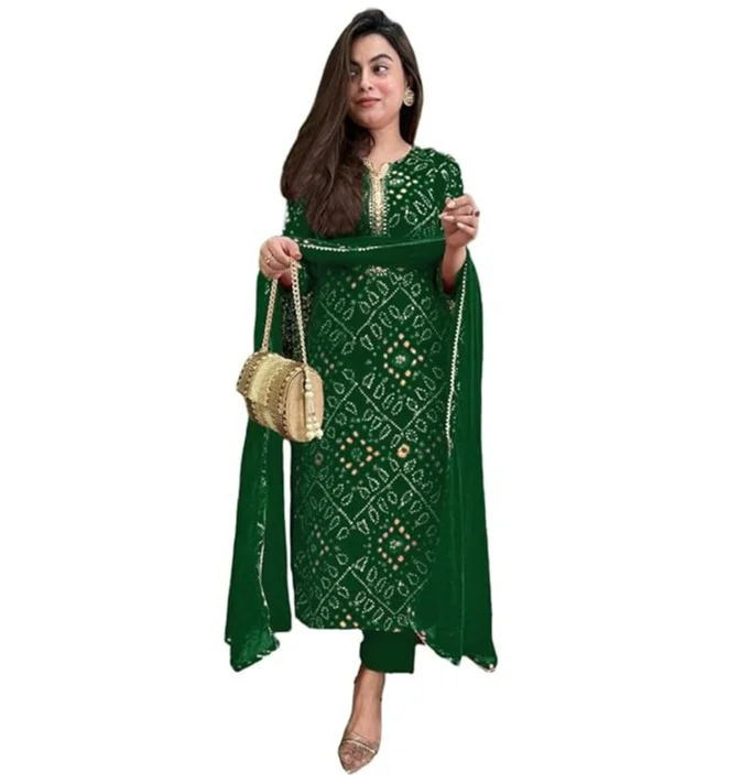 GoSriKi Women's Rayon Blend Straight Printed Kurta with Pant & Dupatta (TURAE GREEN-VKS01-GS_4XL_Green_XXXX-Large)