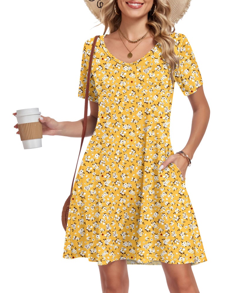 AUSELILY Summer Dresses for Women Short Sleeve V Neck Tshirt Swing Floral Vacation Beach Mini Dress with Pockets 2026 Yellow Floral XL - Image 2