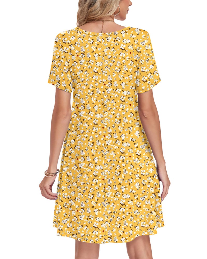 AUSELILY Summer Dresses for Women Short Sleeve V Neck Tshirt Swing Floral Vacation Beach Mini Dress with Pockets 2026 Yellow Floral XL - Image 3