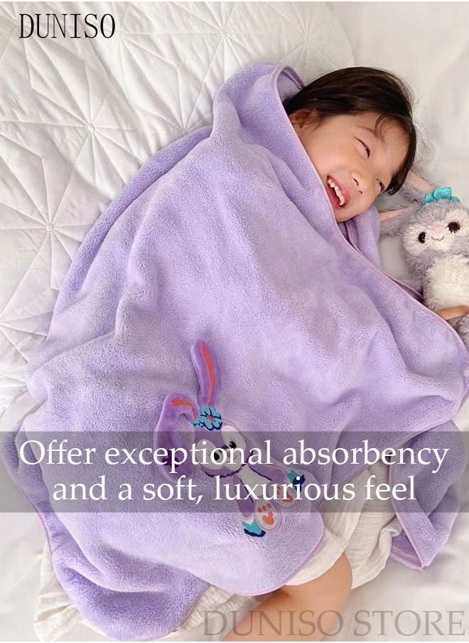 DUNISO 2 pcs Girls Bath Towel Large Kids Bath Towels Cartoon Rabbit Kids Beach Towels Super Absorbent Toddler Body Towel Soft and Cozy Embroidery Kids Bath Towels Purple  - Image 2