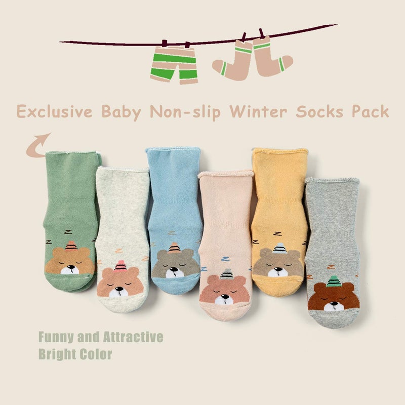 HowJoJo Baby Warm Socks With Grips For Baby Boys Non Slip Winter Socks Baby Girls Thick Crew Socks 6 Pack 12-24 Months Mix 5912 - Image 2