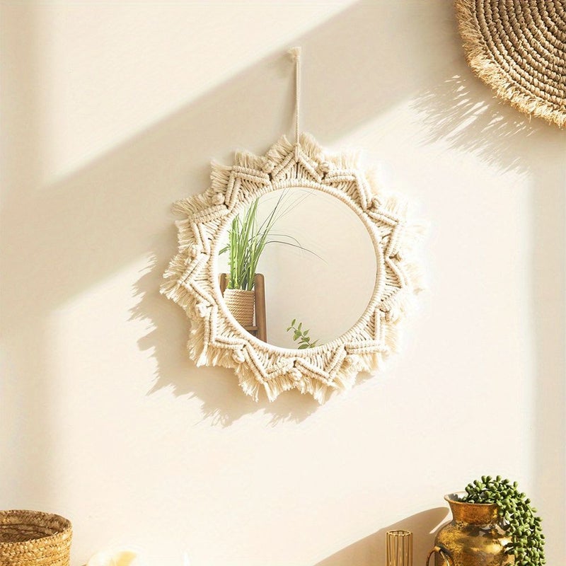 Bohemian Mclamy Hanging Mirror 10 Inch Round Wall Decor With Chains - Image 2