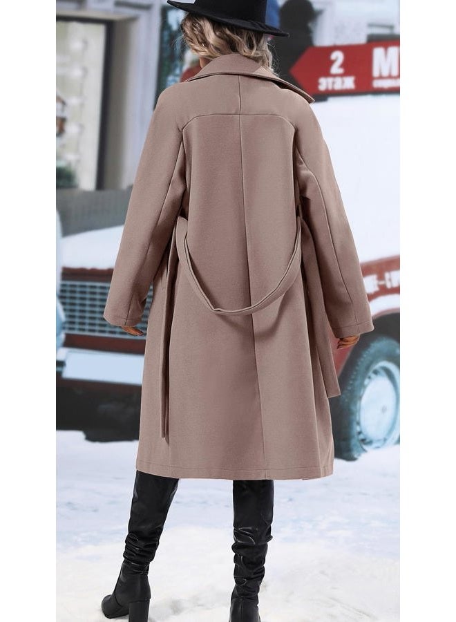 SAUKOLE Women's Trendy Lapel Collar Double Breasted Wool Blend Coats Winter Pea Overcoat Pocketed Outwear with Belt, Kpink, XL - Image 5