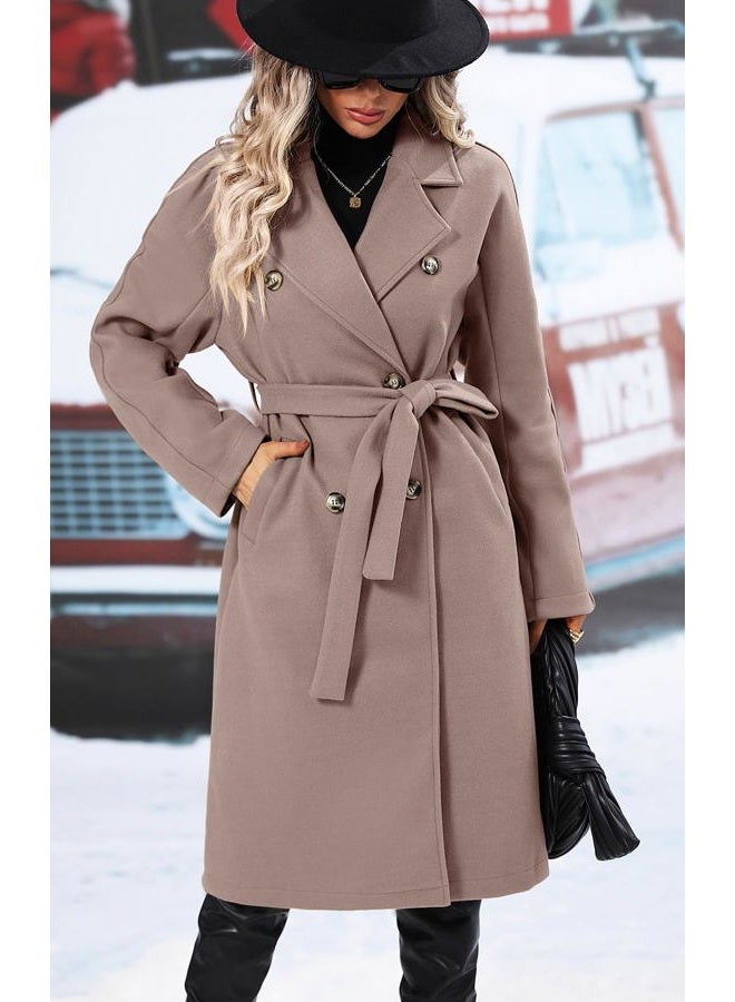 SAUKOLE Women's Trendy Lapel Collar Double Breasted Wool Blend Coats Winter Pea Overcoat Pocketed Outwear with Belt, Kpink, XL - Image 2