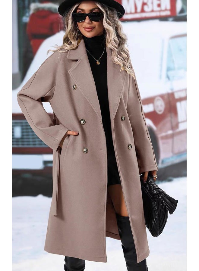 SAUKOLE Women's Trendy Lapel Collar Double Breasted Wool Blend Coats Winter Pea Overcoat Pocketed Outwear with Belt, Kpink, XL - Image 3
