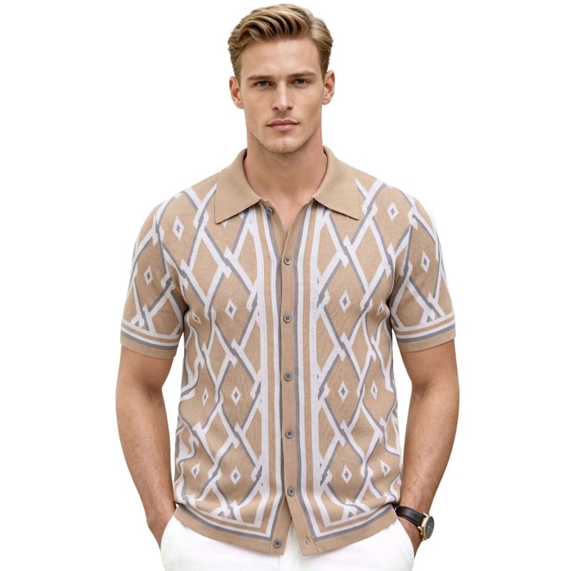 Men's Geometric Jacquard Polo Shirt Short Sleeve Summer - Image 5
