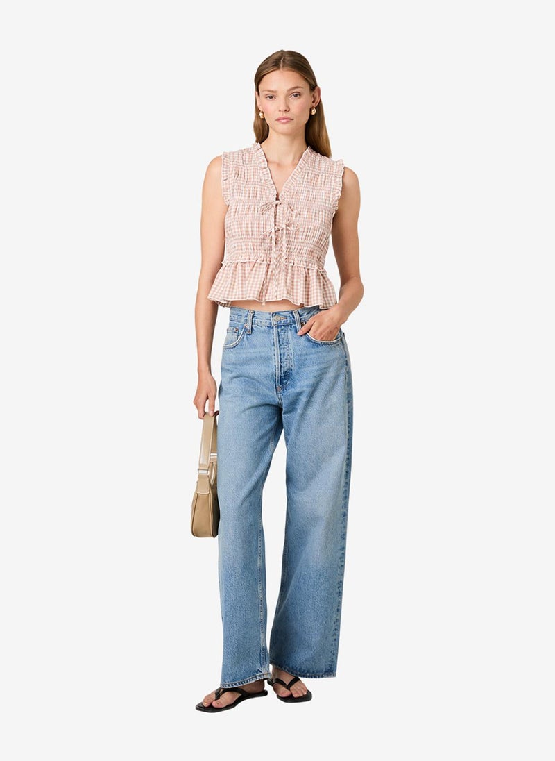 French Connection Women's Petit Ging Almnd Nde Rhodes Pop Ginghm Fltr Slv Top - Image 3