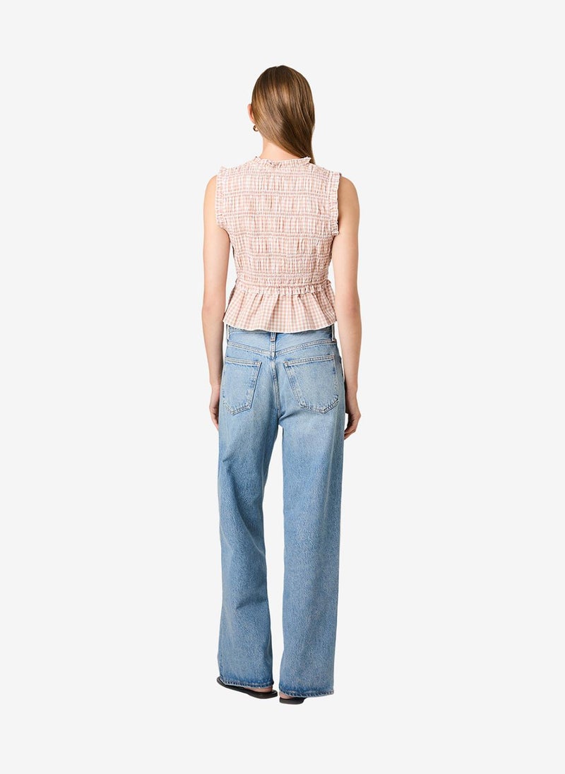French Connection Women's Petit Ging Almnd Nde Rhodes Pop Ginghm Fltr Slv Top - Image 5