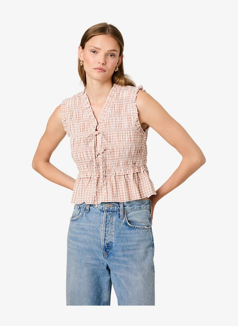 فرنش كونكشن Women's Petit Ging Almnd Nde Rhodes Pop Ginghm Fltr Slv Top