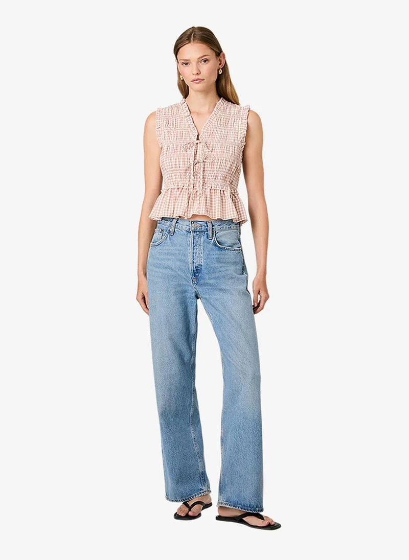 فرنش كونكشن Women's Petit Ging Almnd Nde Rhodes Pop Ginghm Fltr Slv Top