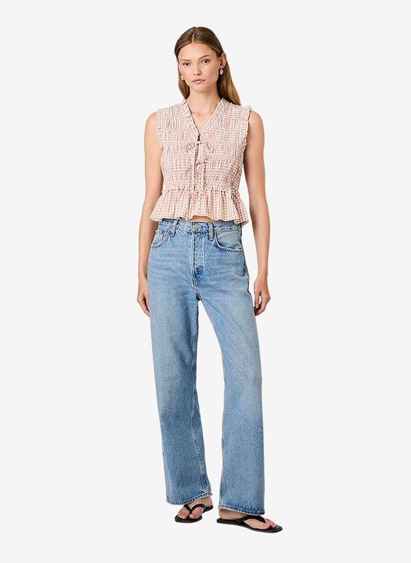 French Connection Women's Petit Ging Almnd Nde Rhodes Pop Ginghm Fltr Slv Top - Image 2