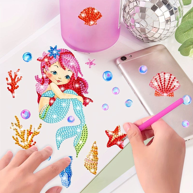 39 Pieces Mermaid Diamond Painting Stickers DIY Craft Kit Phone Water Bottle Decoration Acrylic Round Rhinestones Art - Image 1