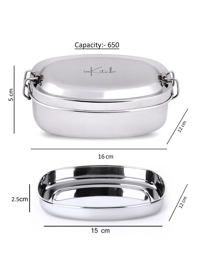 inKitch Stainless Steel Tiffin Box for Kids | Stainless Steel Lunch Box for Kids & Office | Rectangle Lunch Box/Tiffin with Inner Box and Locking Clip, 750ML, Silver (Round, 650) - Image 3
