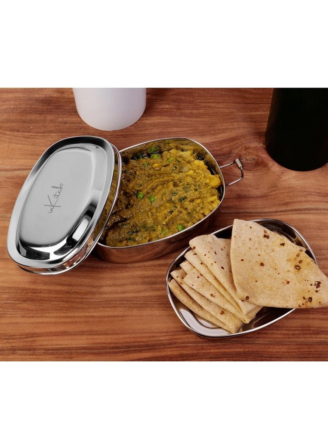 inKitch Stainless Steel Tiffin Box for Kids | Stainless Steel Lunch Box for Kids & Office | Rectangle Lunch Box/Tiffin with Inner Box and Locking Clip, 750ML, Silver (Round, 650) - Image 1
