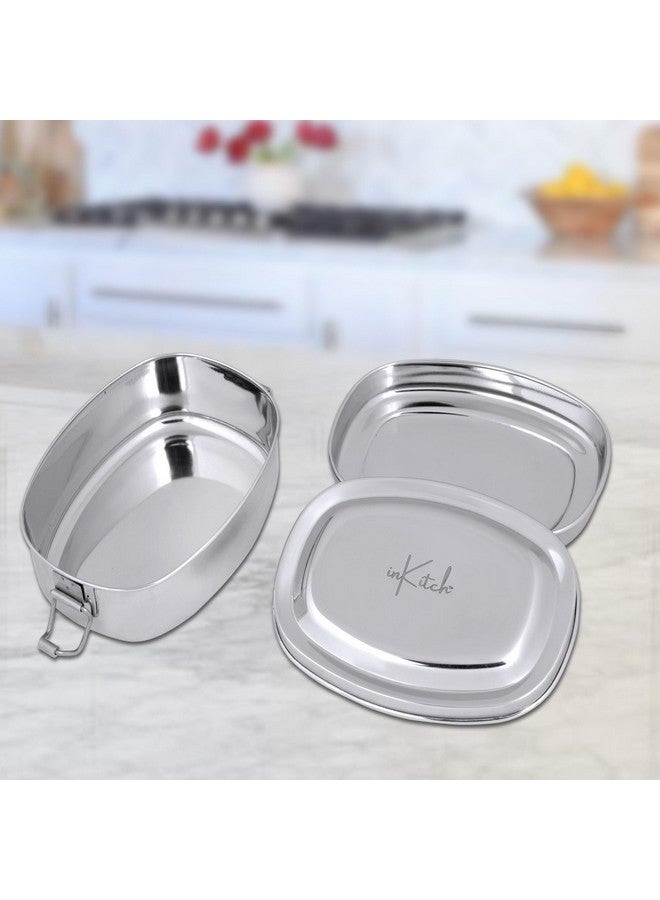inKitch Stainless Steel Tiffin Box for Kids | Stainless Steel Lunch Box for Kids & Office | Rectangle Lunch Box/Tiffin with Inner Box and Locking Clip, 750ML, Silver (Round, 650) - Image 4