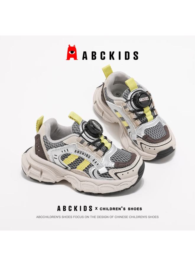Abc Kids Uni Kids Autumn Running Shoes Breathable Mesh Casual Sports Shoes With Dial Buckle Beige Brown Size 36 - Image 5
