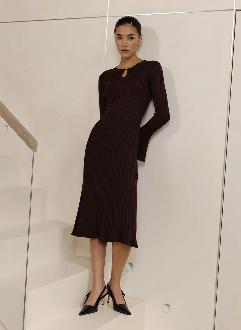 Lichi  Ribbed midi dress with drop neckline for Women | Best Price UAE