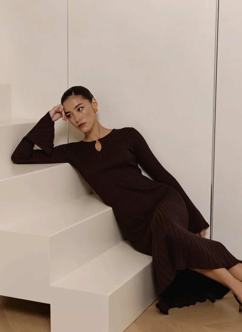 Lichi  Ribbed midi dress with drop neckline for Women | Best Price UAE