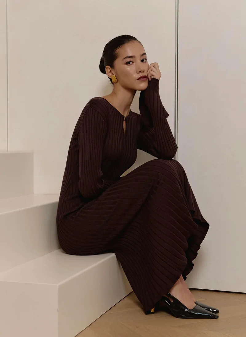 Lichi  Ribbed midi dress with drop neckline for Women | Best Price UAE