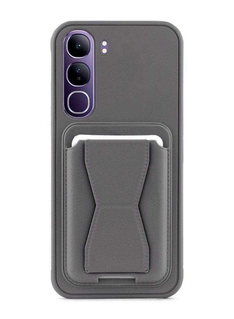Leather back cover with card wallet Foldable Shockpoof Case compatible with Vivo V40 Lite 4G (Dark Grey) 