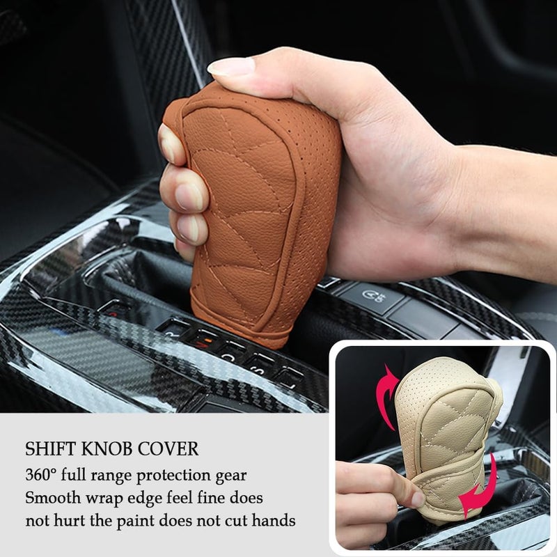 IHOTDER Leather Gear Shift Cover with Breathable Design,Fashionable Shift Knob Cover for Car Decor,Universal Car Accessories Interior Gear Shift Knob Cover Protect Shift Knob (Brown) - Image 2