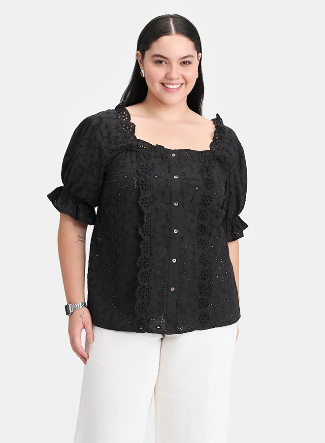Virgio VIRGIO 100% Cotton Puff Sleeve Lace Top