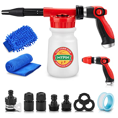 Mypin Car Wash Foam Gun/Hose Sprayer, 16 IN 1 Cannon, Adjustable with 2.5-6 Ratio Dial Foam Blaster, 1L Bottle, Nozzles, Mitten, 1/2” Quick Connector for Garden Hose, for Car/Garden Cleaning - Image 1