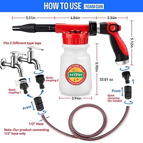 Mypin Car Wash Foam Gun/Hose Sprayer, 16 IN 1 Cannon, Adjustable with 2.5-6 Ratio Dial Foam Blaster, 1L Bottle, Nozzles, Mitten, 1/2” Quick Connector for Garden Hose, for Car/Garden Cleaning - Image 3