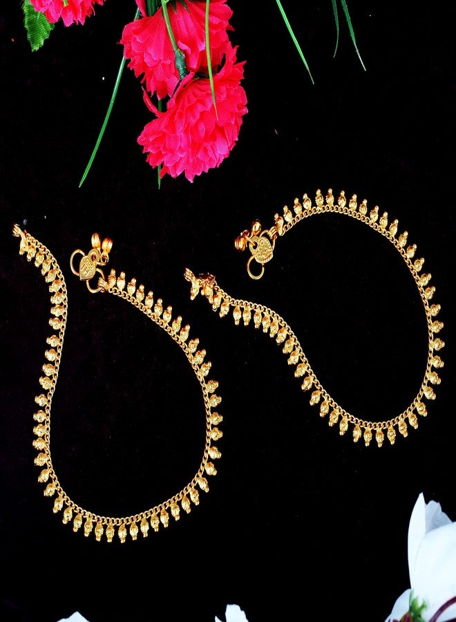MEENAZ Traditional Simple ethnic 1 Gram Micro gold daily use Foot Single Leg Chain Golden Anklets Ghungroo payal combo for girls women ladies bridal pajeb Payjeb Painjan Pattilu -ANKLET PAYAL-AME024 - Image 3