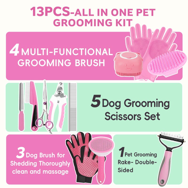 2TRUL Dog Brush for Shedding 13pcs Bath Grooming Kit with Pet Nail Clipper and File - Dog Bath Brush Cat Grooming Supplies, Dematting Comb Bath Brush Shampoo Scrubber for Dogs and Cats - Image 2
