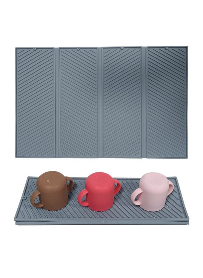 SILICONE DISH DRYING MAT, LARGE COLLAPSIBLE FOUR-FOLD DRAINER MAT, FOOD GRADE BPA-FREE EASY STORAGE COLD HEAT RESISTANT KITCHEN COUNTER INSULATING DINING MAT FOR UTENSILS BABY BOTTLES, 58*38CM (GREY)
