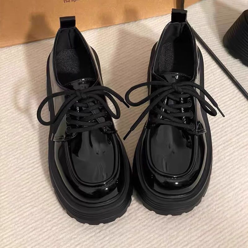 Black Thick-Soled Versatile Lace-Up Small Leather Shoes for Women 2024 Spring and Autum New Retro British Style Jk Loafers Bright light - Image 1