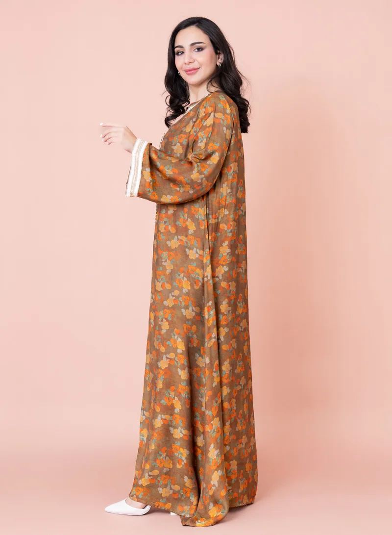 IKKXA Embroidered Floral Print Jalabiya IK1028 Orange