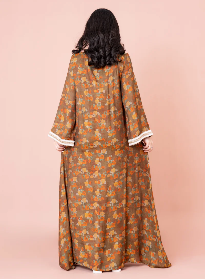 IKKXA Embroidered Floral Print Jalabiya IK1028 Orange
