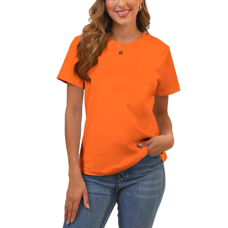 BJY 100% Cotton Women's Orange Short Sleeve Crew Neck T-Shirt, Regular Fit Casual T Shirt Tops, Basic Tees, Tshirt, Tshirt - Image 1