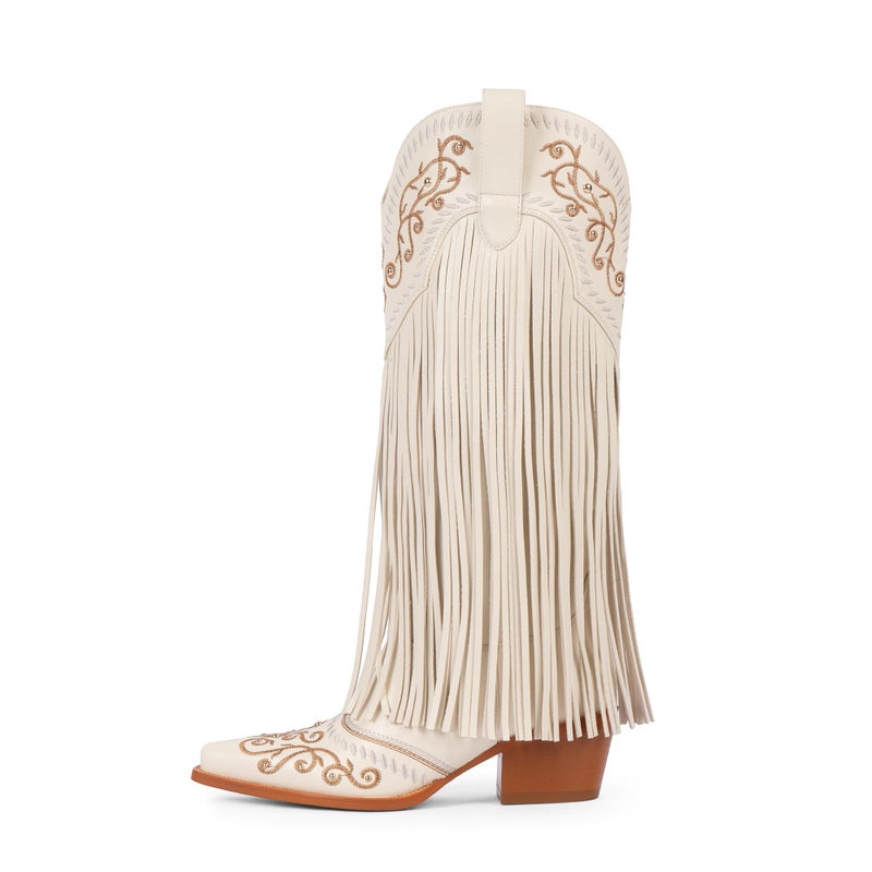 Modatope White Cowboy Boots Women Fringe Embroidered Cowgirl Boots for Women White Knee High Boots Size 6 - Image 4