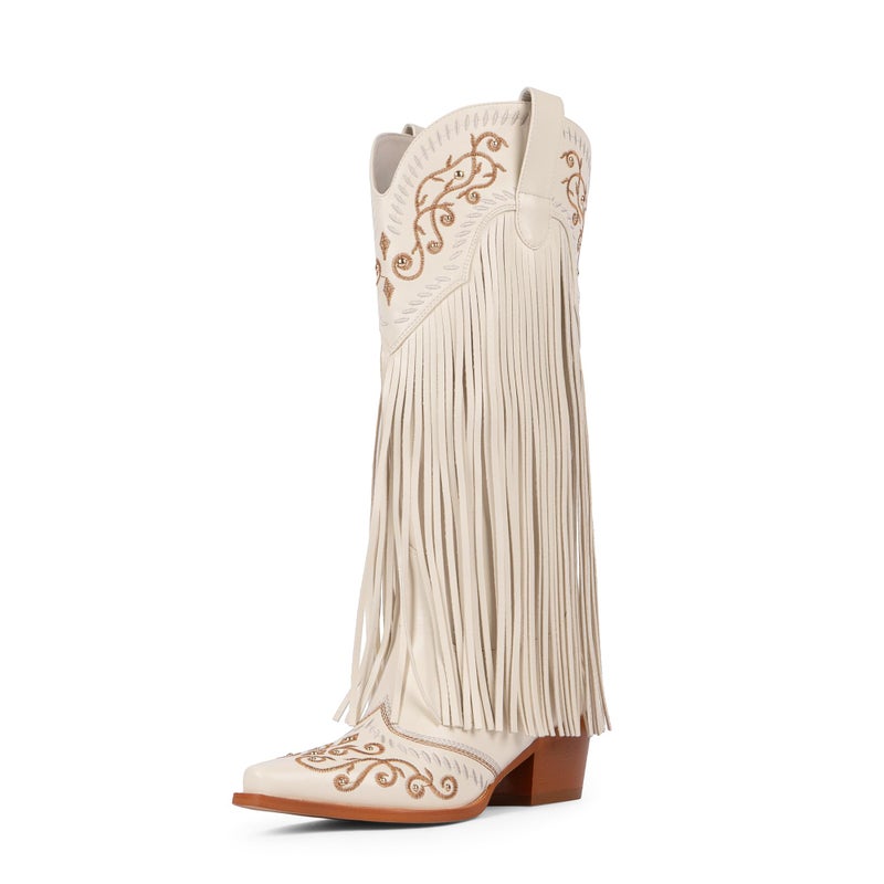 Modatope White Cowboy Boots Women Fringe Embroidered Cowgirl Boots for Women White Knee High Boots Size 6 - Image 1