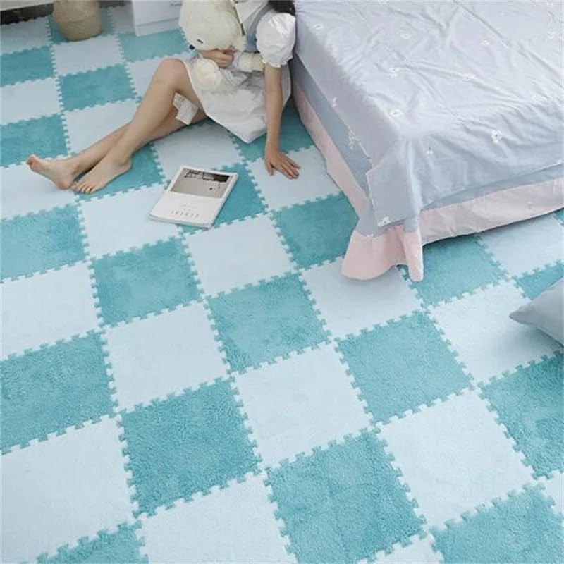 Jorunb 12pc Plush Interlocking EVA Foam Play Mat - Washable Kids Carpet Squares (30x30cm, Blue) - Image 4