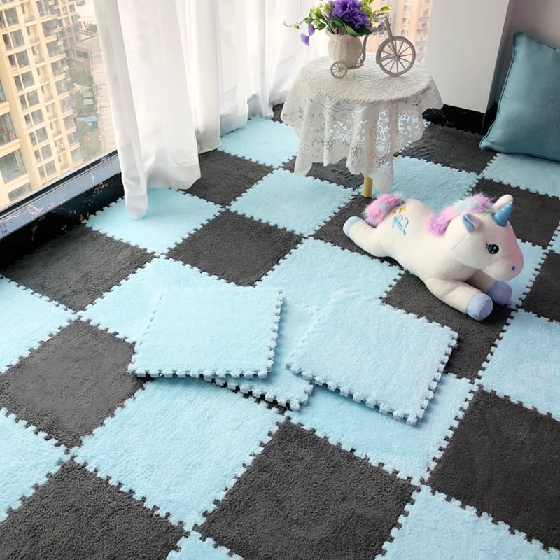 Jorunb 12pc Plush Interlocking EVA Foam Play Mat - Washable Kids Carpet Squares (30x30cm, Blue) - Image 5